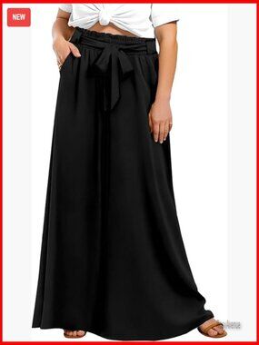 Plus Size High Waisted Wide Leg Palazzo Pants with Pockets and Tie Belt